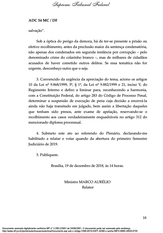 Leia a íntegra da decisão de Marco Aurélio Mello sobre 2ª instância